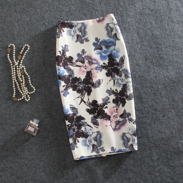 

designer women skirts new polyester 2019 women summer pencil skirt fashion high stretch blue and oil print midi knee skirt  saia, Black
