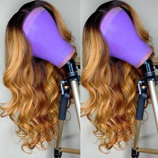 

lace wigs loose wave ombre color front human hair for women bleach knots 1b/27 honey blonde 200% remy plucked slove, Black;brown