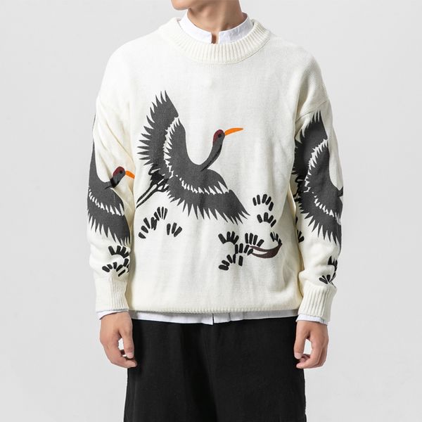 

2019 new fashion men's sweater round neck long sleeve knit, White;black