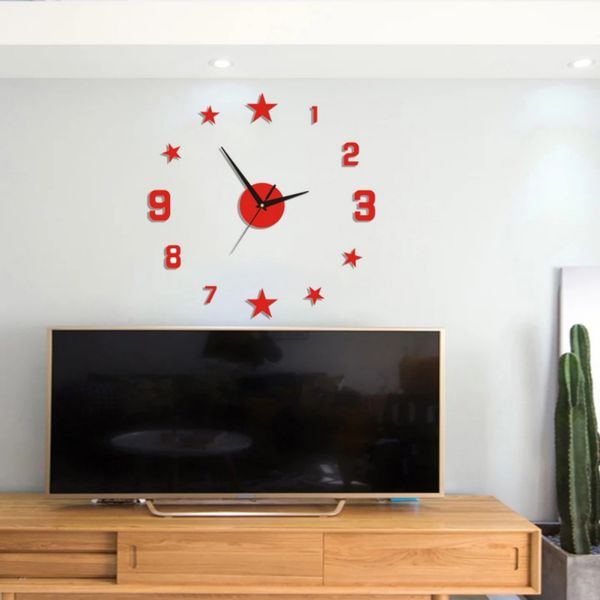 

modern 3d diy star mirror surface wall clock sticker home office room diy decor/stars digital small clock red