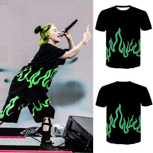 

2020 billie eilish t-shirt couple t-shirts fluorescent green flame print short sleeve t-shirt men/women 3d printed short sleeve, White;black