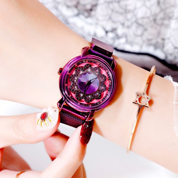

elegant women purple watches rotation ladies dress watch magnet clasp steel big dial bracelet watch crystal zegarek damski, Slivery;brown
