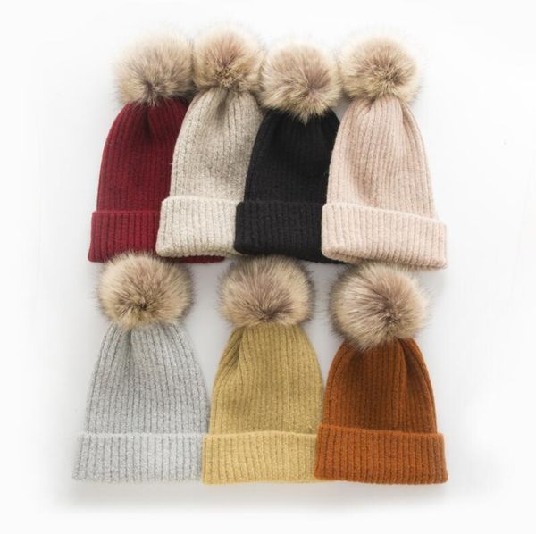 

women knit wool beanie winter solid cashmere ski hats real raccoon fur pom pom ing, Blue;gray