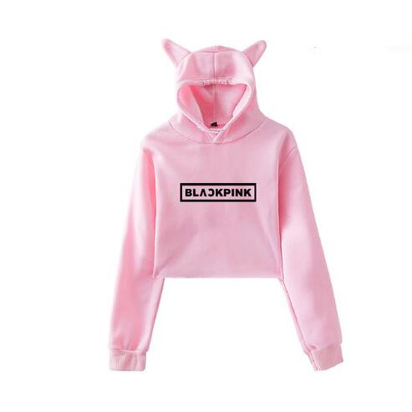 

kpop blackpink kawaii crop hoodie k pop black pink album funny cat ear cropped short sweatshirt hooded pullover women