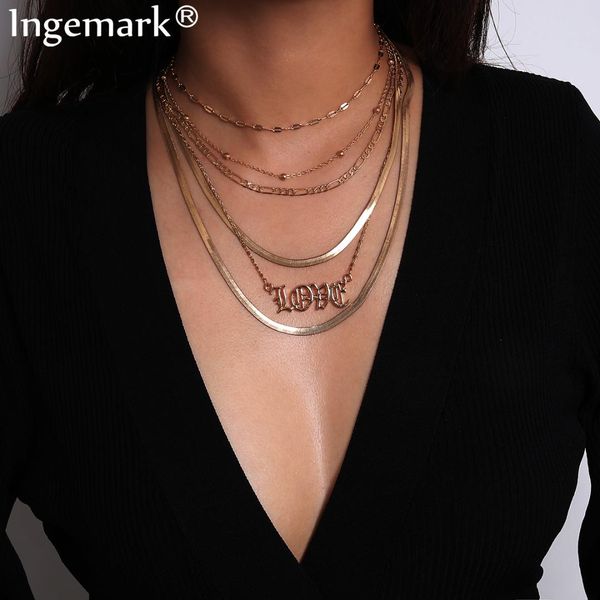 

multi layer love letter snake chain necklace collar punk circle pendant long tassel choker necklace for women sweater jewelry, Silver