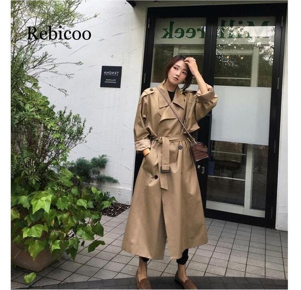 

women's trench coats camel coat casual long outerwear loose clothes for lady with belt winter fashion windbreaker, Tan;black