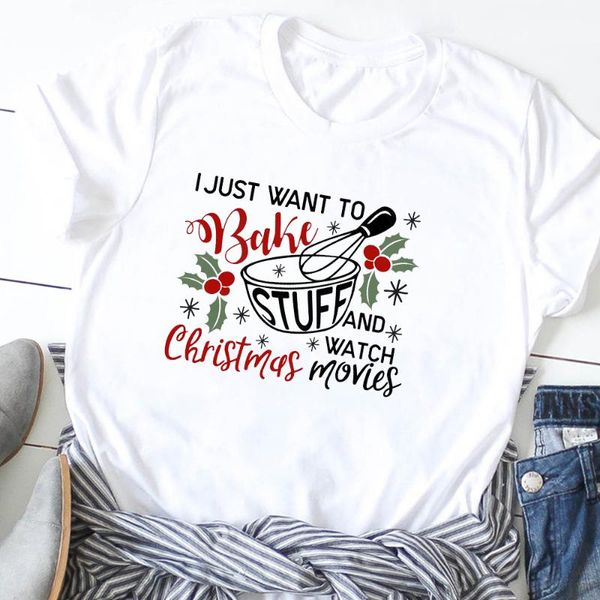 

women cartoon bake stuff letters print merry christmas t-shirt tees clothes tee shirt female t shirt graphic print t-shirts, White