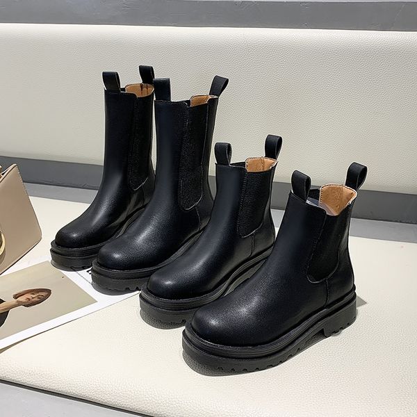 

autumn boots women boots wedge mid calf ladies shoes black fashion slip on shoes leather round toe ladies