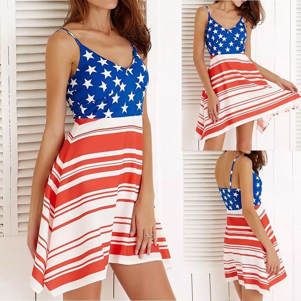 

women beach sling dresses mini striped panelled short dress stars printing dresses american flag independence national day usa 4th july, White