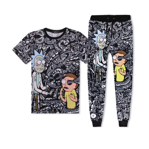 

men women summer tracksuit set short sleeve t shirt+pants casual two piece sets rm print rick and morty fashion tee shirt homme, Gray