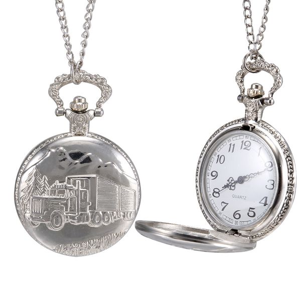 

1pc men women quartz pocket watch silver truck carved case with chain ll@17, Slivery;golden