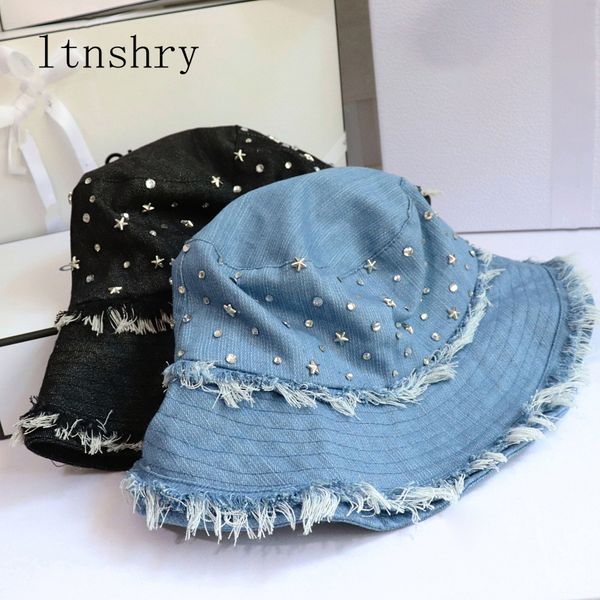 

fashion fisherman's hat washed cotton denim bucket hat packable thick warm winter cap with rivets travel outdoor floopy sun, Blue;gray