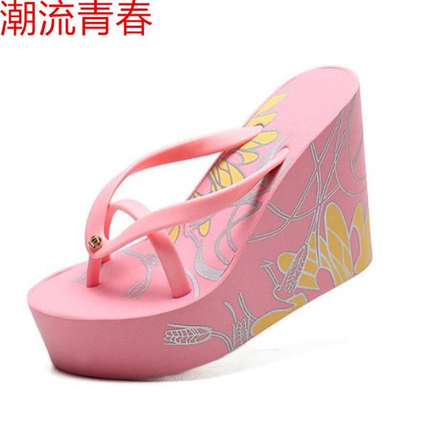

summer women platform wedges slippers wedges flip flops high heel sandals slippers bohemia flip flops pink size 32-42, Black