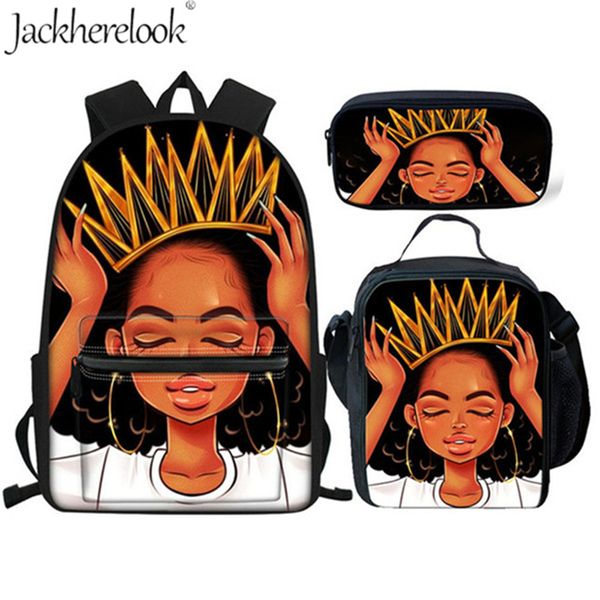 

jackherelook black woman crown print 3set/pcs school bags for girls primary african queenwomen backpack book bag mochila escolar