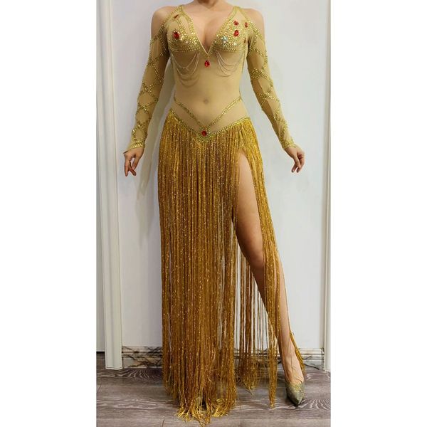 

sexy mesh gold кисточкой платье партии стразы бахрома день рождения празднуйте outfit танец костюм бар команды show performance wear, Black;red
