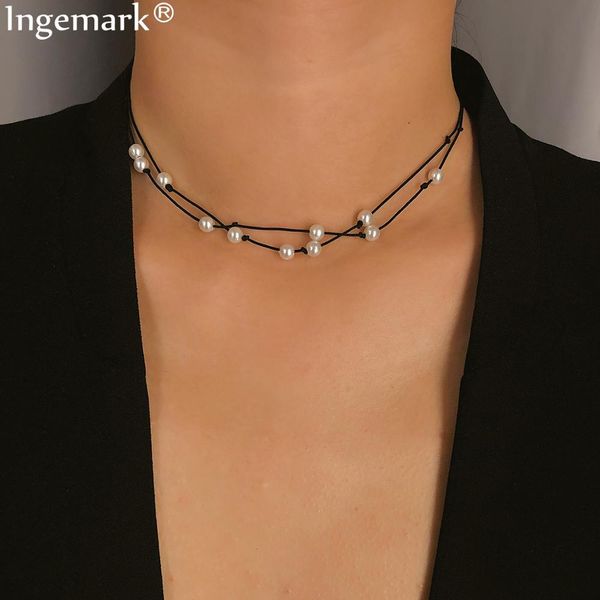 

ingemark tiny dainty choker necklace for women party double layer imitation pearls black rope chain necklaces collier femme 2019, Golden;silver