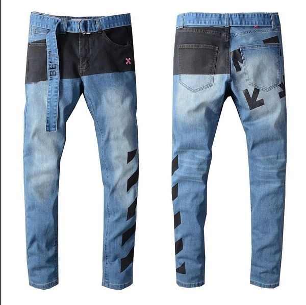 

2020 fashion mens designer jeans mens designer skinny ripped white striped jeans mens stretch slim drawstring biker jeans #057, Blue