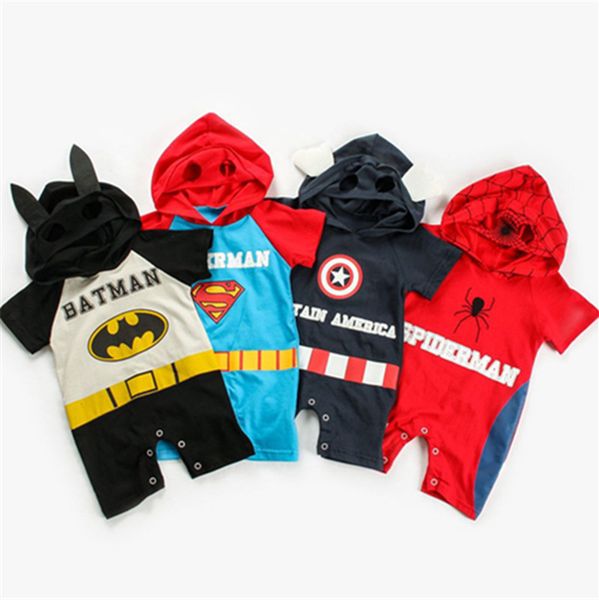 Acheter Bébé Garçon Fille Avenger 4 Barboteuses Dessin Animé Superman Spiderman Captain America Combinaison à Manches Courtes à Capuche Barboteuse Kid