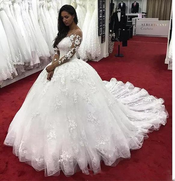 

платье де noiva полное кружева свадебное платье sheer шеи с длинными рукавами свадебные платья кружева аппликация свадебные платья суд поезд, White