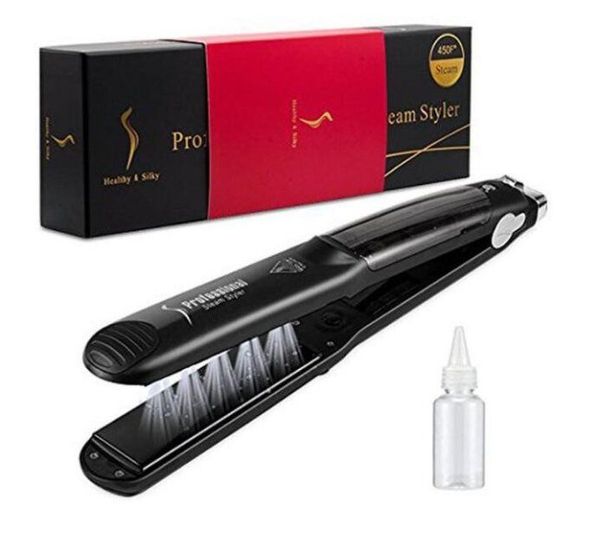 55W Parrucchiere professionale Steam Styler Ceramica piatta Piastra per capelli in organosilicio per capelli sia asciutti che bagnati Spina europea setosa sana nero