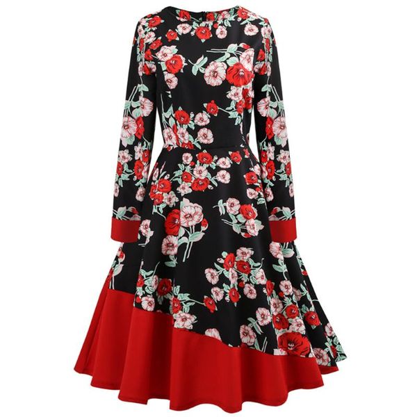 

floral print long sleeves women vintage dress 50s 60s rockabilly retro dress lemon leaf spring vestidos de festa audrey dresses, Black;gray