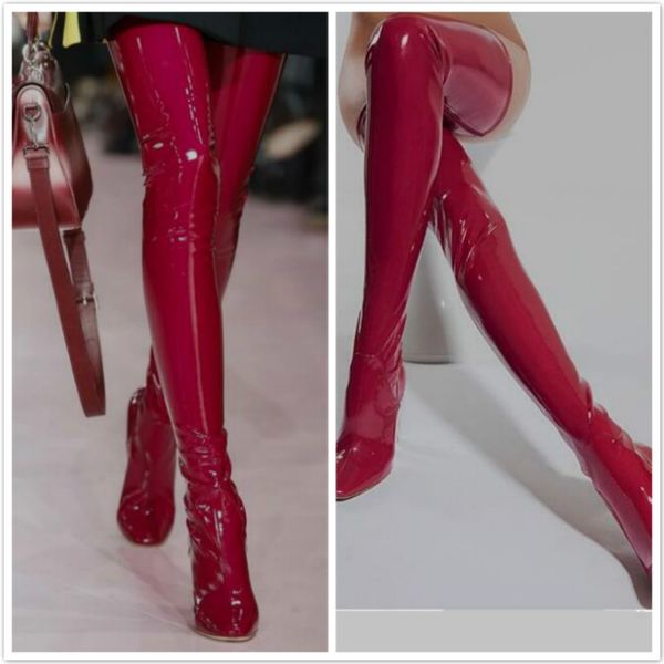 

clear crystal transparent high heel boots patent leather over the knee boots black red latex thigh high party long botas