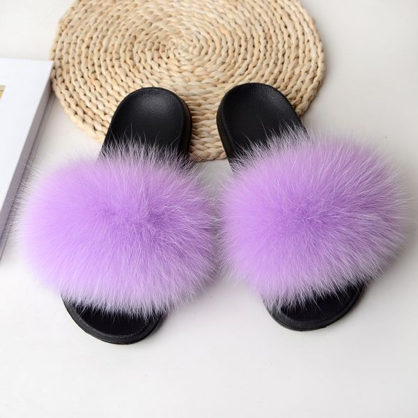 

fur slippers supplier wholesale furry fox fur slippers rainbow colored ladies fox fur slippers, Black