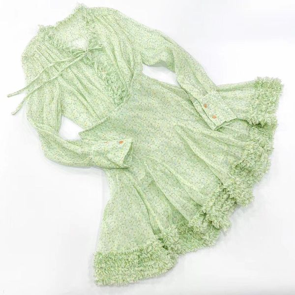 

elfstyle] - green silk floral print shirt v-neck with ties front buttoned ruffled detail long sleeves buttoned cuff, White