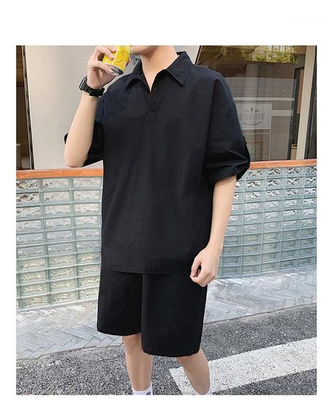 

summer pure color casual свободный mens конструктора два брюки часть отворотом шеи с коротким рукавом тинейджеров мужские костюмы уличная но, Gray