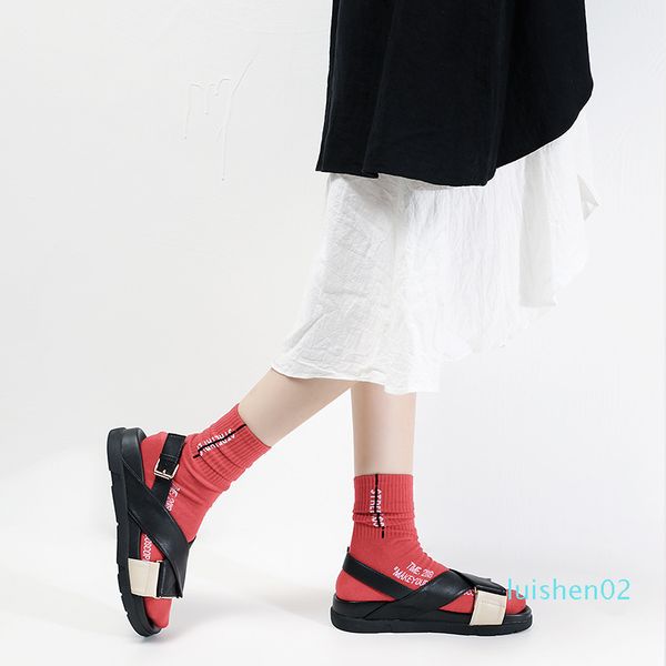 

muffin colors block strap open toe platform sandals women creepers cross band gladiator sandalias buckle wedges heels flip flops 02l, Black