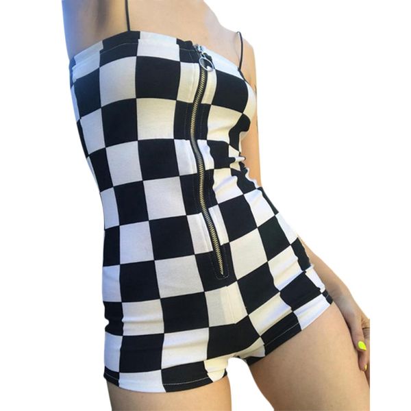 

jumpsuit europe and the united states overalls for women new 2019 plaid sling single row zipper boxer broadcloth bodysuit*, Black;white