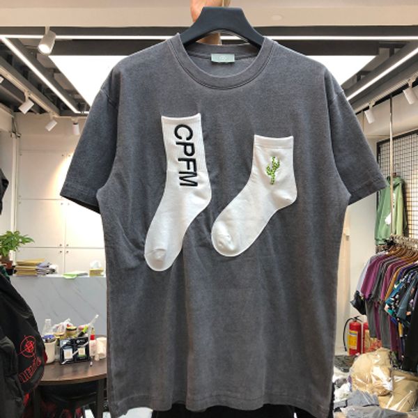 

cpfm cactus jack socks printed t-shirt men women kanye west travis scott faded grey tees hiphop oversized t shirt men, White;black