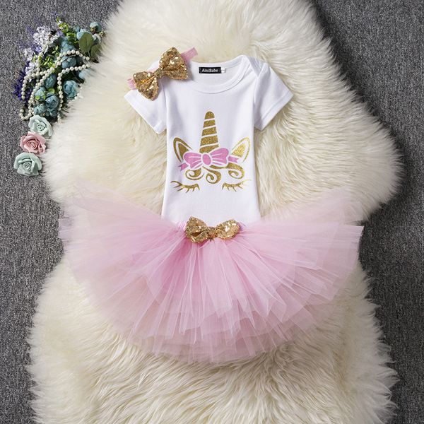 

retail baby girl outfits tracksuit 3pcs sets unicorn romper+ruffle tutu skirts+hair bow headbands birthday party clothes kids boutique, White