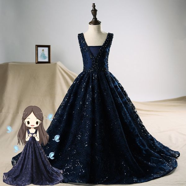 

dark blue kids dress 2019 chapel train v neck vintage evening dress in turkey for children vestidos de noche largos tulle gown, White;black