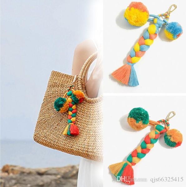 

bohemian handmade weaving bag pendant women charm pompom multicolor cotton tassels big ball bag fashion accessories, Slivery;golden
