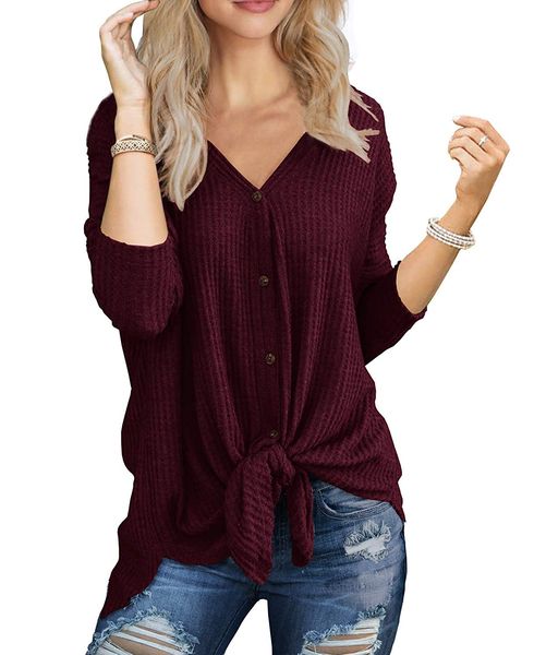 

womens knit tunic blouse tie knot henley loose fitting bat wing plain shirts long sleeve irregular kinks button cardigan t-shirt, White