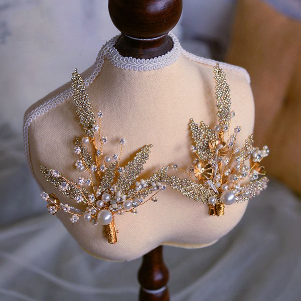 

2 pcs pearl crystal hair clip bride tiara wedding hair accessories handmade gold leaves headband hair ornaments bridal headpiece, Golden;white