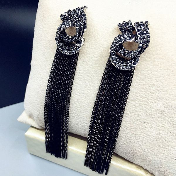 

sale luxury rhinestone vintage tassel earrings drop earring for women party jewelry black chains long dangle earrings, Silver