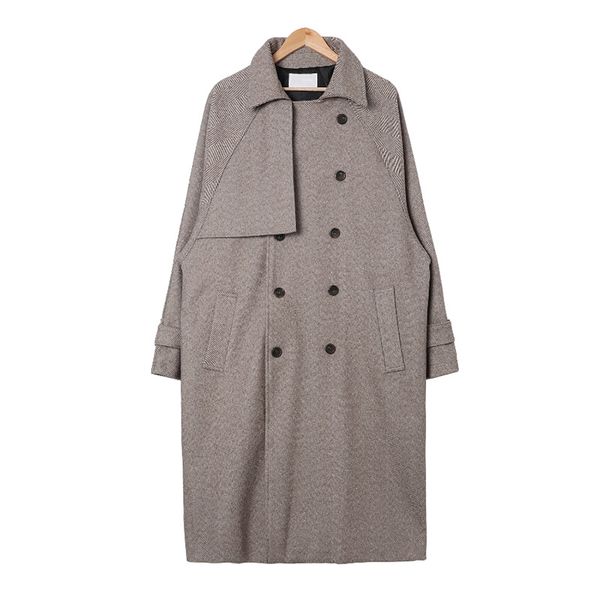 

men outerwear double breasted vintage fashion casual loose wool long trench coat male streetwear jacket, Black