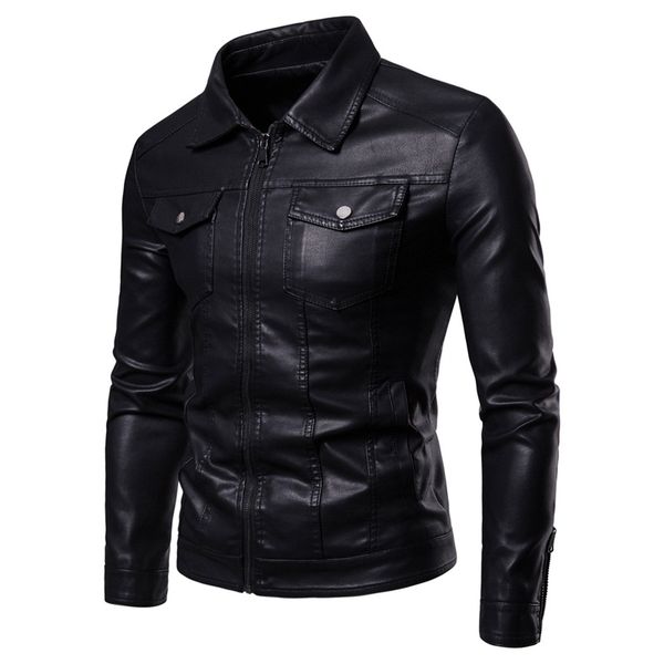 

leather jacket men autumn and winter new men's fashion lapel jacket multi-pocket pu washed leather coat men faux, Black
