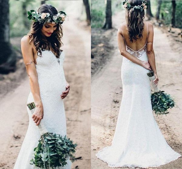 

mermaid full lace wedding dresses 2020 countryside boho spaghetti straps pregnant bridal gowns backless sweep train robes de mariee al5609, White