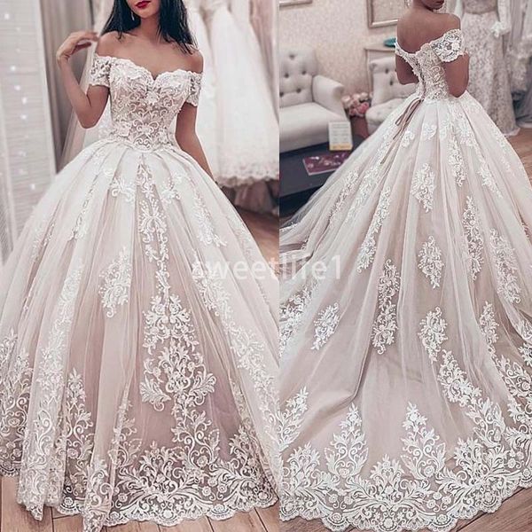 

2020 luxury lace ball gown wedding dress sweetheart off the shoulder wedding gown appliques lace up back muslim bride dresses, White
