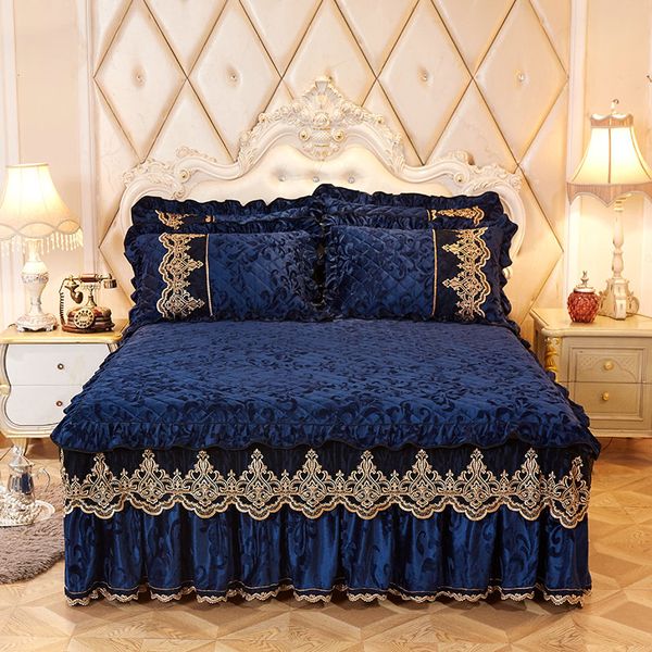 Royal Blue Princess Bedding Bed Skirt Set Pillowcases Velvet Thick Royal Blue Princess Bedding Bed Skirt