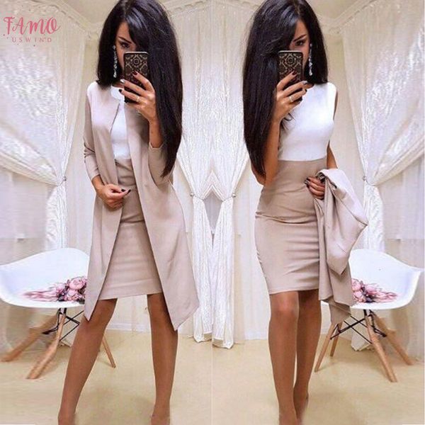 

office lady formal dress suits business wear women long blazer jacket sheath dress 2 piece set, White