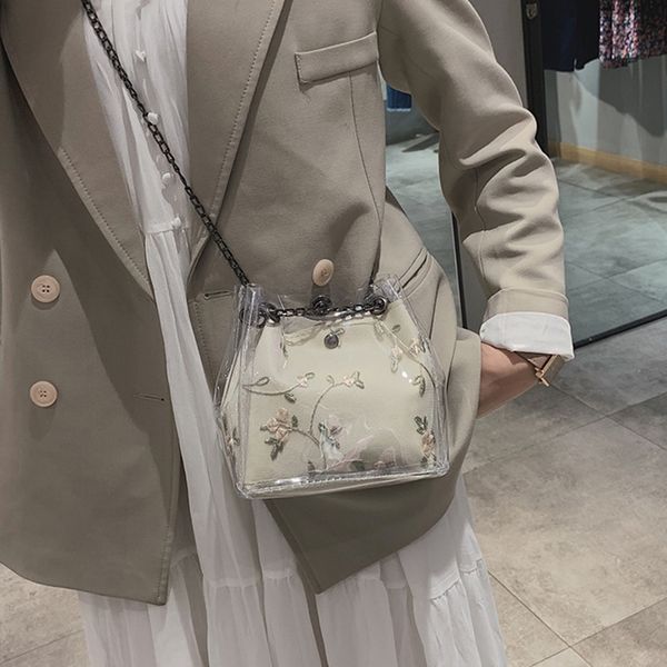 

2020 handbag embroidered bucket women transparent bucket bag clear shoulder bag female chain crossbody messenger bags