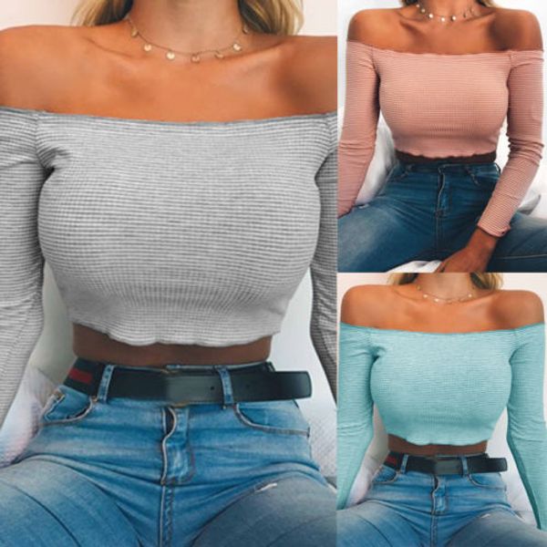 

new 2017 slash neck striped crop women t-shirts ladies off shoulder t-shirt casual tee slim long sleeve solid, White