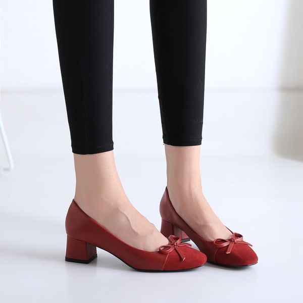 

2020 women's spring heel shoes princess-style bow decorated with red suede high heels female fashion thick heel pumps u22-22, Black