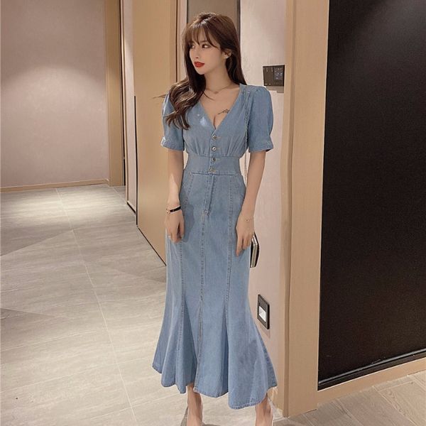 

summer new fashion french retro waist slimming thin temperament fishtail dress denim dress womens fashion, White;black