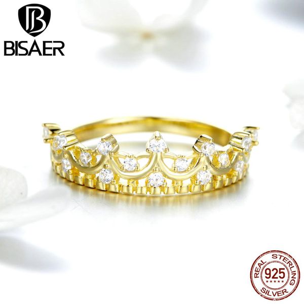 

bisaer 100% 925 sterling silver priceless crown gold color queen crown finger rings for women sterling silver jewelry ecr493