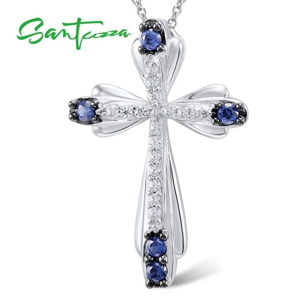 SANTUZZA Silber-Anhänger für Damen, echtes 925er Sterlingsilber, elegante blaue Kreuz-Fit-Halskette, zarte Modeschmuck V191129